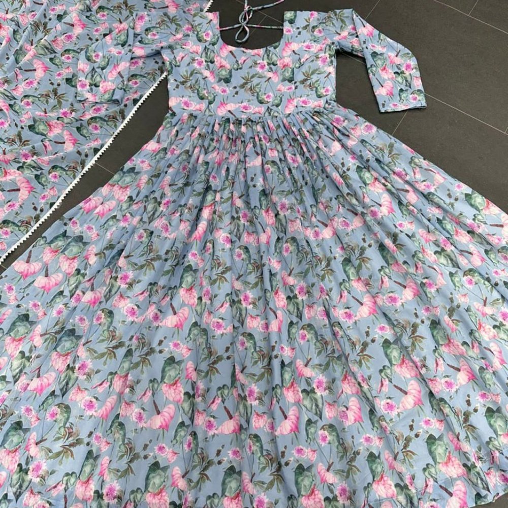BEAUTIFUL GEORGETTE FLORAL PRINTED FULL FLAIRED GOWN SET WITH PANT AND DUPATTA - Picture 8 of 10